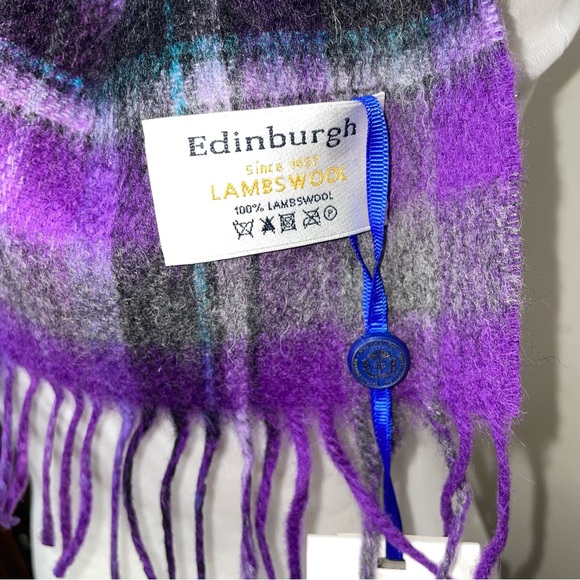 EDINBURGH Lambswool Scarf  Purple Gray Plaid Reversible Fringe NWT - Picture 4 of 8